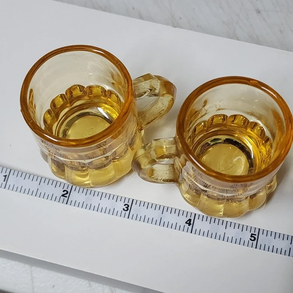 Set of 2 Vintage Federal Glass Yellow Amber‎ Mini Beer Mug Shot Glasses